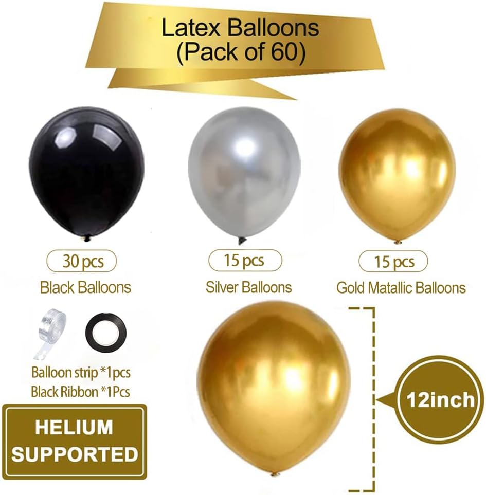 Black Gold Silver Balloons Set, 60 Pcs 12 Inch Metallic Chrome Gold Silver Balloons Black Silver Gold Balloons for Birthday, New Year, Wedding Party Decoration