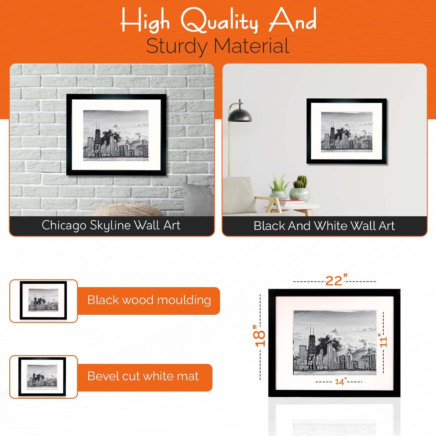 iFrame 18&#x201D; x 22&#x201D; Black Framed Chicago City Print Framed Art Work For Wall Decor With Photo Mat | Chi Town Skyline Wall Art | Black And White Picture Wall Art Decor