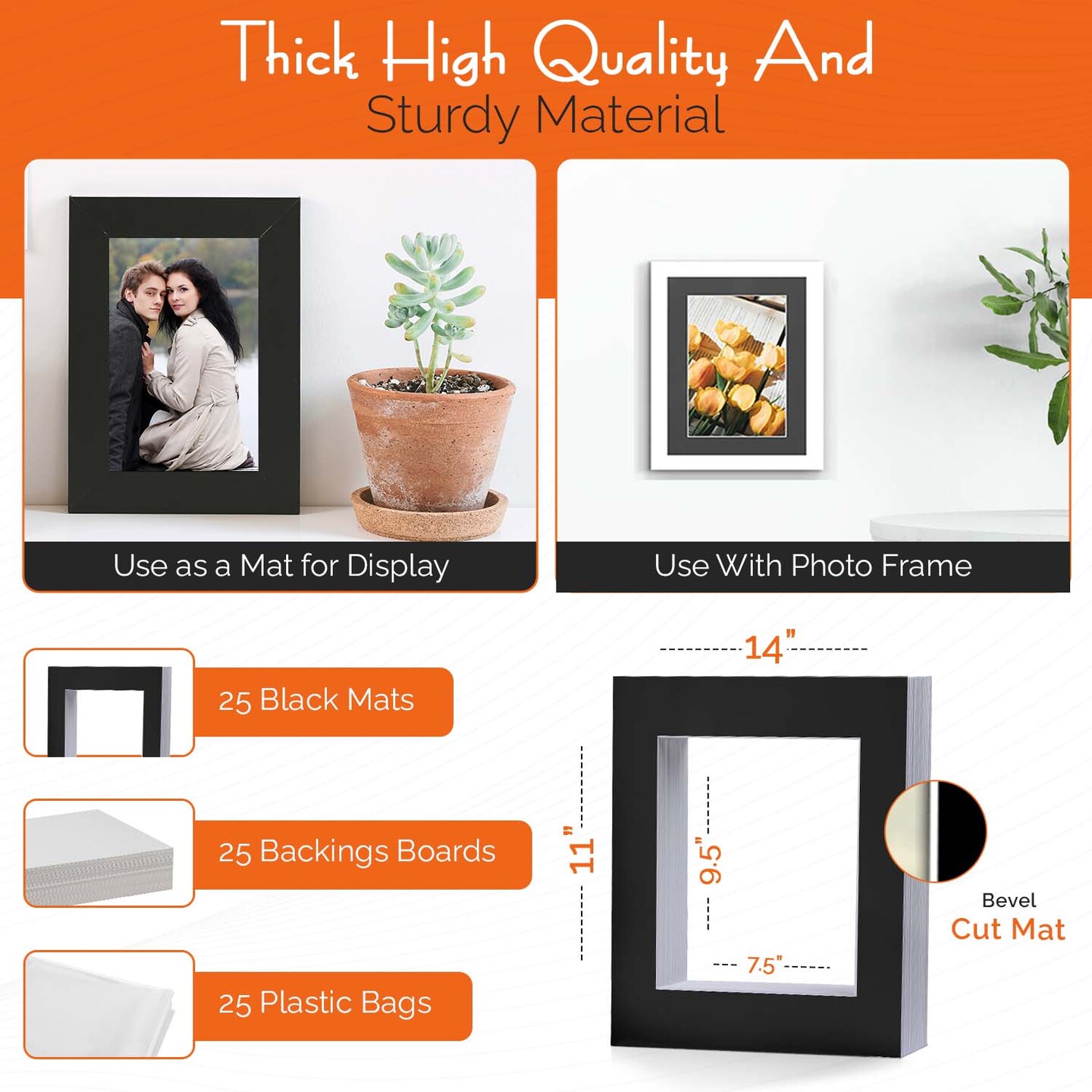 iFrame Pre-Cut Black Mats with Light Cream Bevel-Cut + Backing Boards + Transparent Clear Plastic Bags, Acid Free Photo Album Complete Set