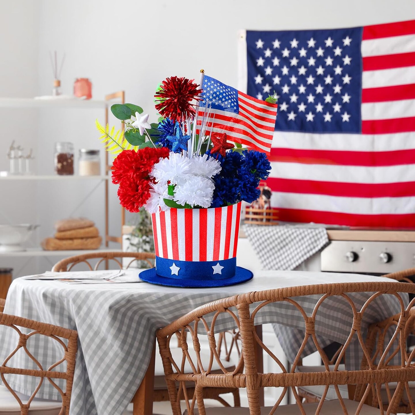 Patriotic Labor Day centerpiece with red, white, blue flowers in USA hat vases.