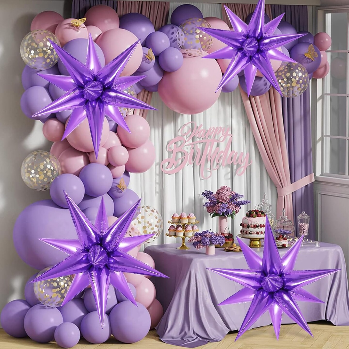 72PCS Purple Star Foil Balloons – 12-Point Starburst Party Decorations for Birthday & Wedding