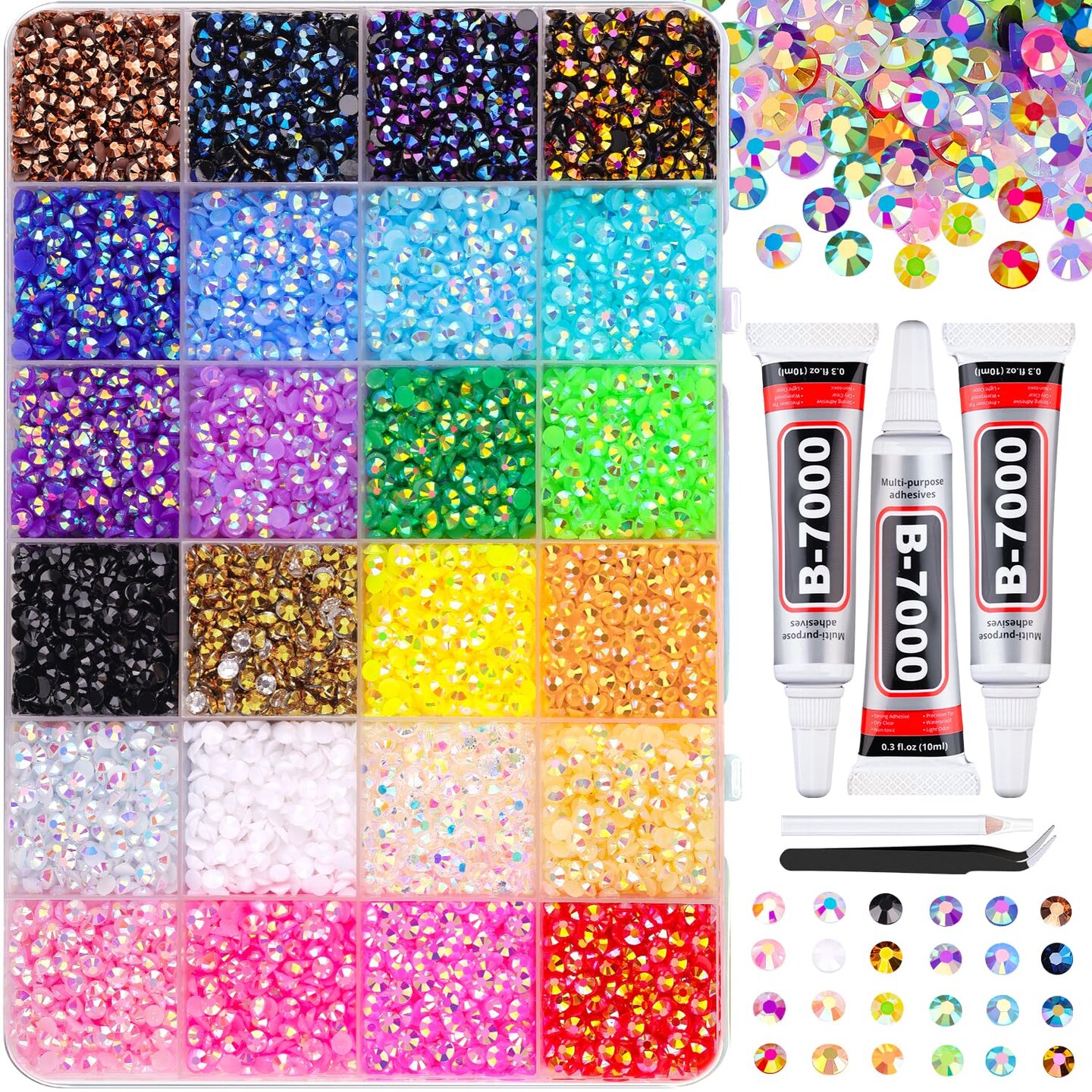 18000Pcs Resin Jelly Rhinestones for Crafting, Multicolor 3mm Flatback Rainbow Gems, Bedazzling Crystal with 3Pcs 10ml B7000 Jewelry Glue for DIY Crafts Clothing Shoes Nail Art
