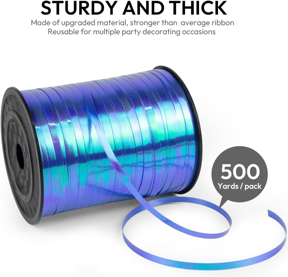 500 Yards 3/16" Iridescent Curling Ribbon Dark Blue, Laser Balloon String 1 Roll for Gift Wrapping, Holographic Curly Balloon Ribbon