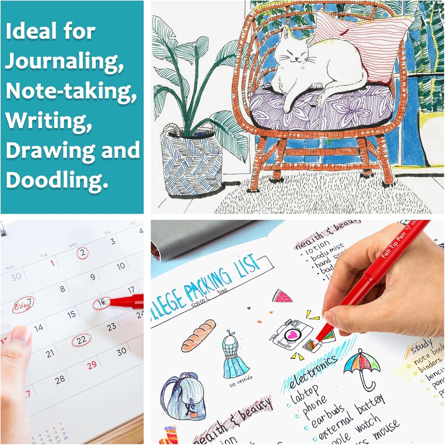 Felt Tip Pens, 40 Colored Pens with Case, Medium Point, Felt Tip Markers Pens for Journaling, Writing,Drawing, Note Taking, Planner, Perfect for Art Office and School Supplies