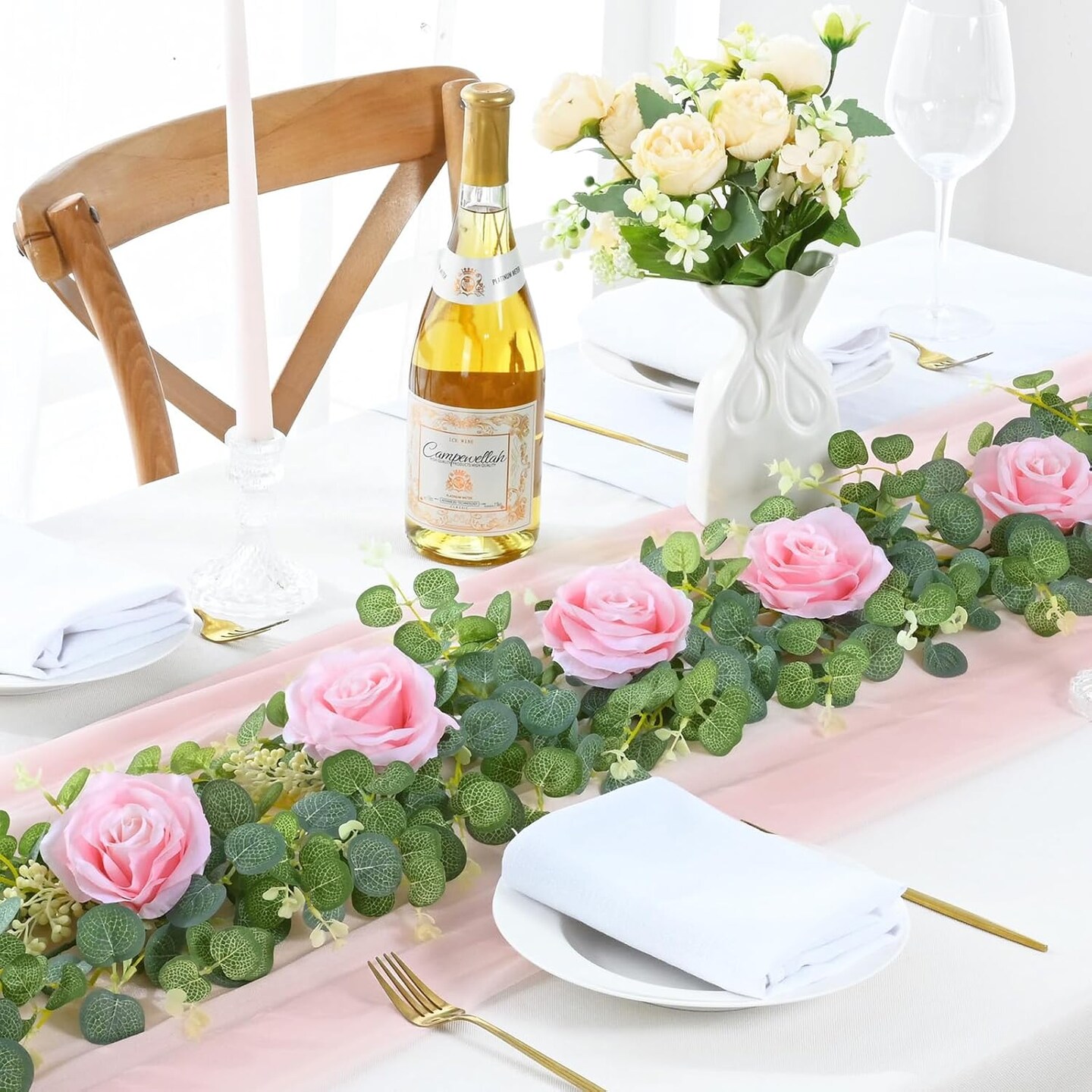 2 Pack 6 FT Artificial Flower Garland with Lights, Fake Floral Garland with Pink Rose, Pink Flower Garland Decorations for Wedding Centerpieces Backdrop Arch Party Room Wall Spring Decor