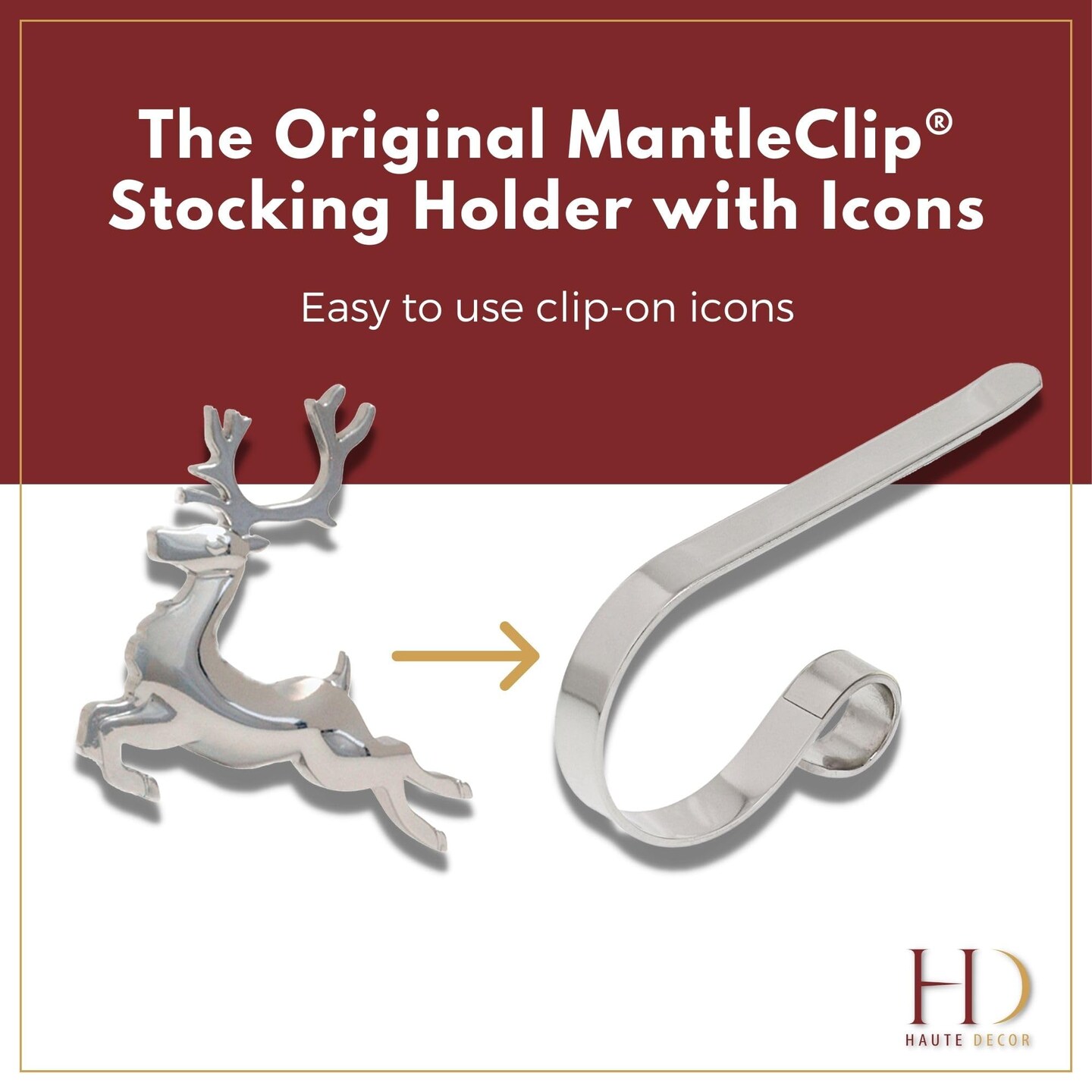 Haute Decor MantleClip Stocking Holders with Removable ZINC Alloy Holiday Icons