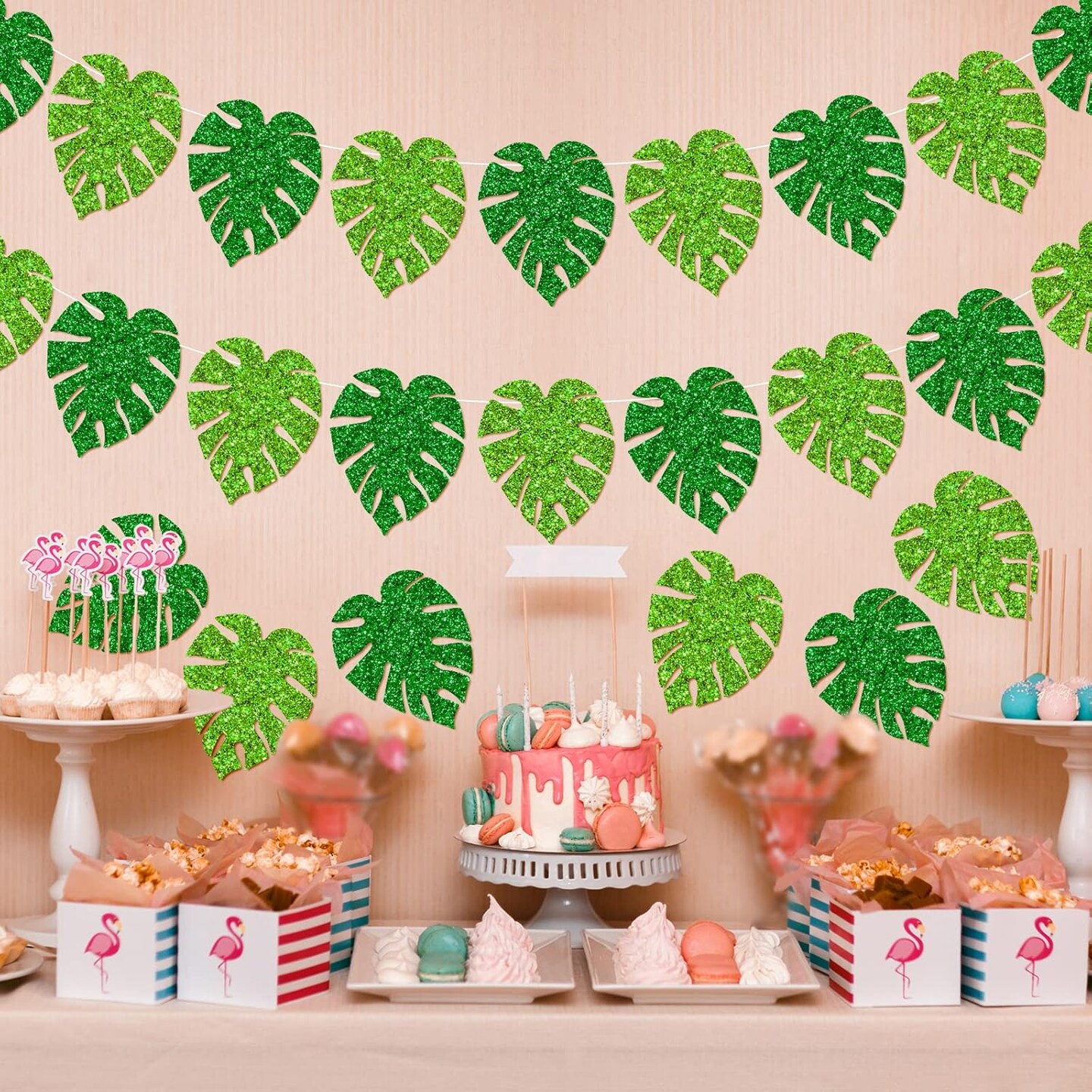 46Pcs Tropical Leaves Cutouts Glitter Green Palm Leaves (Green)