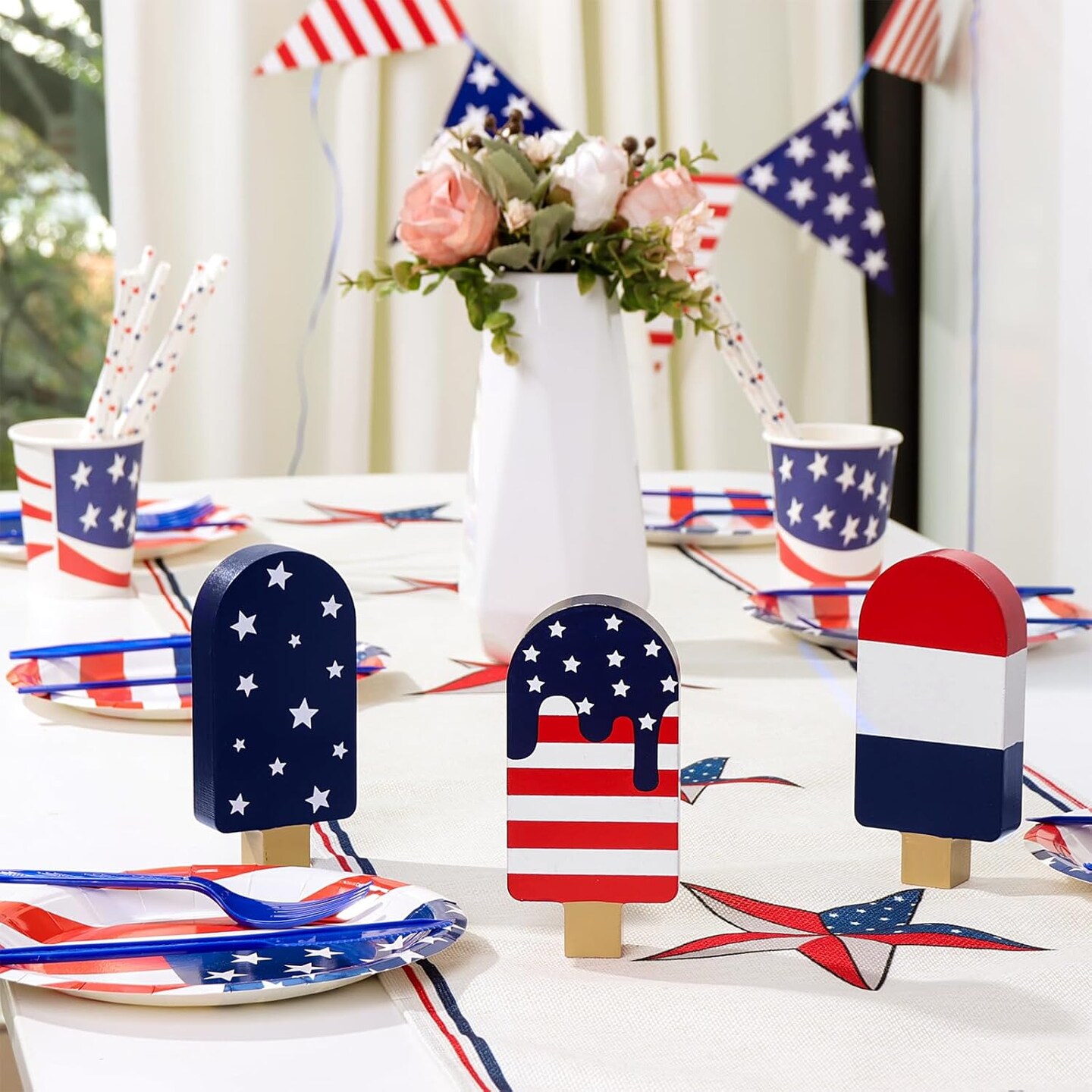 4PCS 4th of July Tiered Tray Decor Set – Patriotic Wooden Popsicle Signs with Rustic Red White Blue American Flag Design for Independence Day, Memorial Day, Veterans Day & Farmhouse Table Decorations