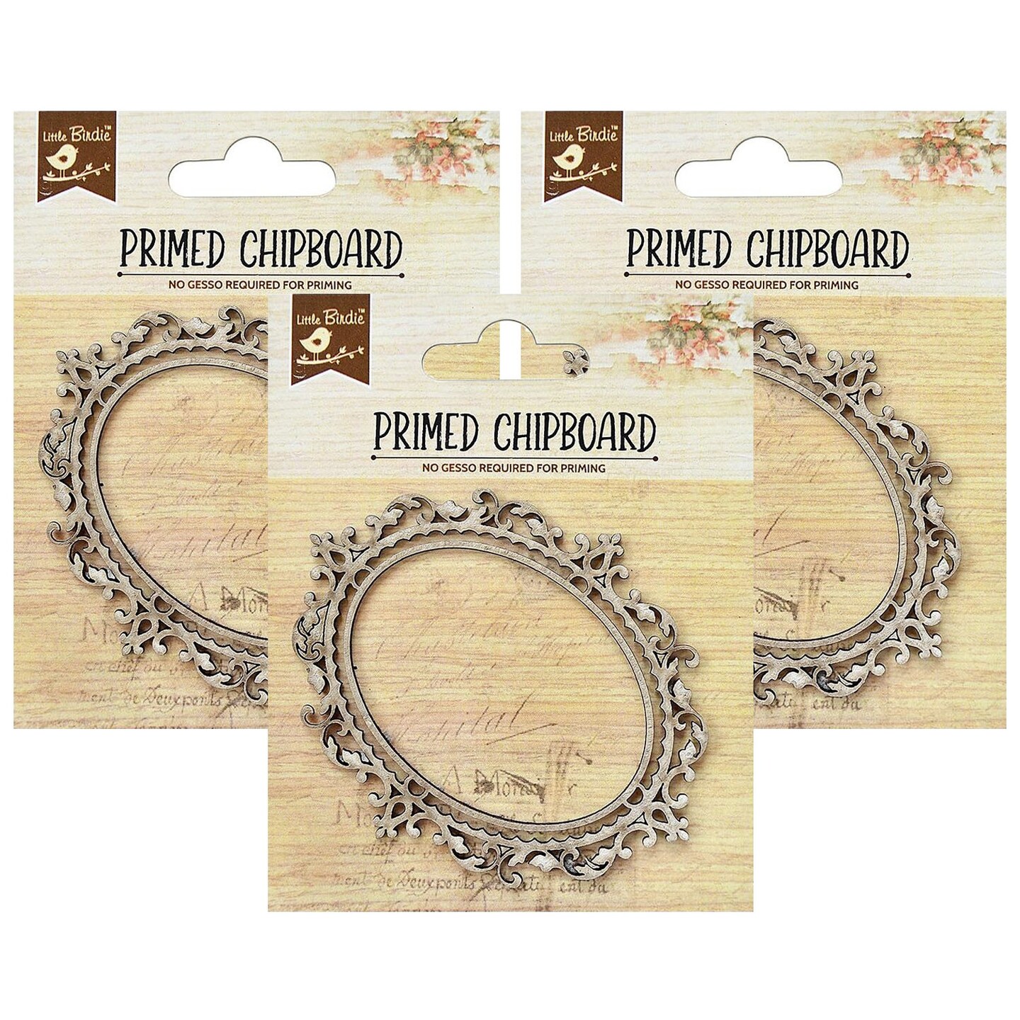 Pack of 3 - Little Birdie Laser Cut Primed Chipboard 1/Pkg-Oval Frame