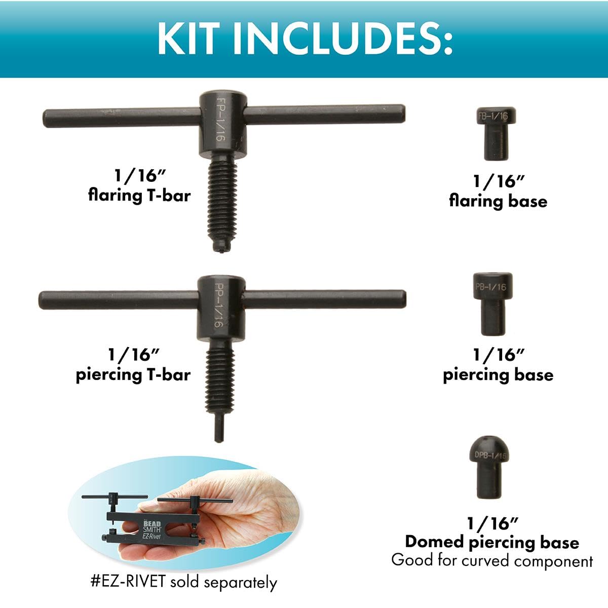 The Beadsmith EZ Rivet Piercing & Flaring Kit - Includes 1/16" T-bar Screws and Flat & Domed Bases - Domed Base for Use with Rings – Flat Base for Sheet Metal Up to 18 Gauge