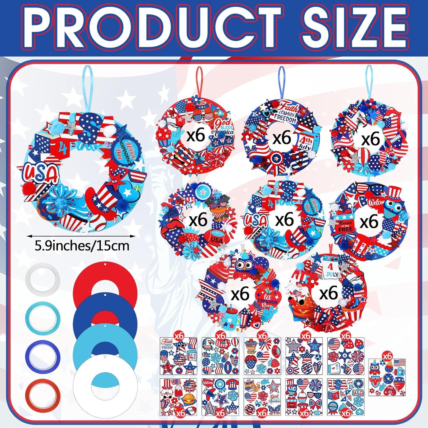 48-Set DIY 4th of July Wreath Craft Kit – Patriotic Red, White & Blue Paper Wreaths with Stickers for Independence Day, Memorial Day & Party Activities