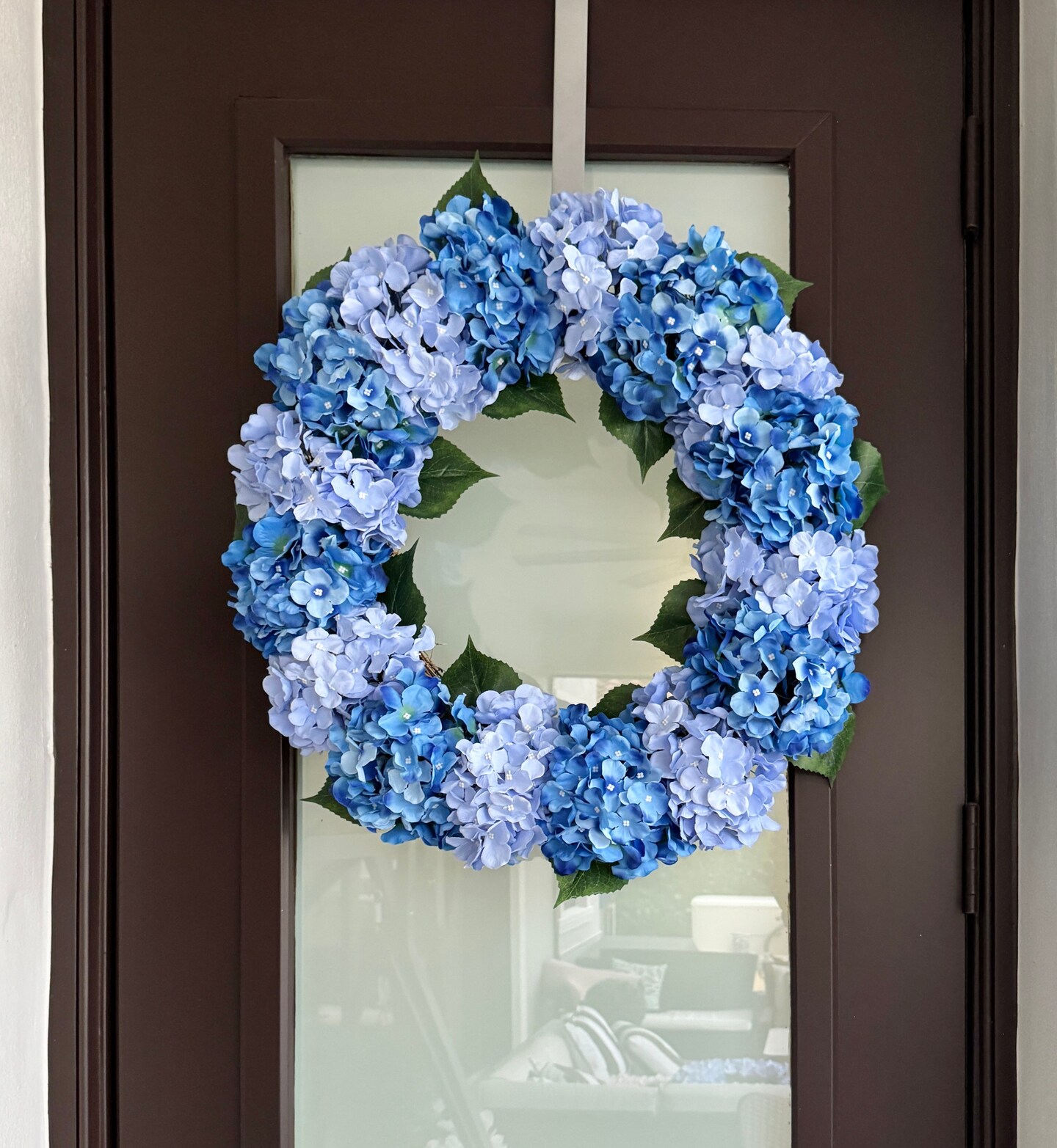 Capri Luxury Mixed Blue Silk Large Hydrangea Wreath, 23 In Indoor outdoor use