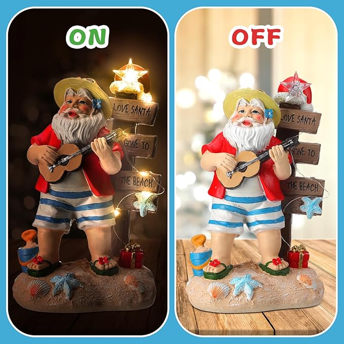 Lighted Christmas Beach Santa Decorations LED Dreams Santa Claus by The Sea Seaside Christmas Tabletop Figurines Collectibles Resin Table Statues Centerpiece Xmas Gift Party Home Decor (Santa)