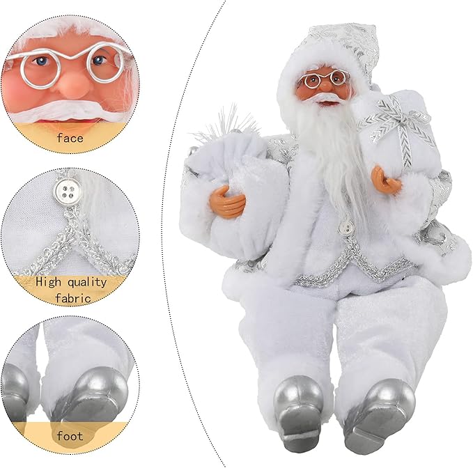 Christmas Sitting Santa Hand Crafted White Silver Coat Santa Claus Figurines Doll with Gift Bag and Presents Christmas Decoration for Home Office Table Xmas Party Ornament Gift