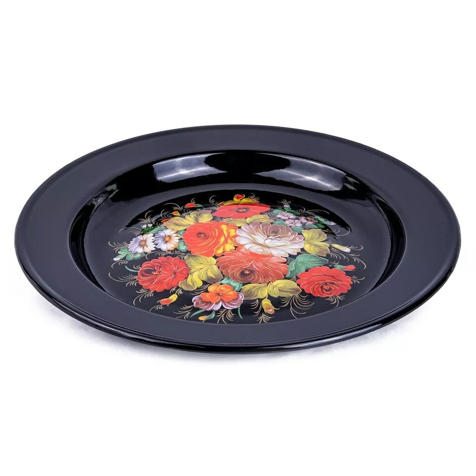 14&#x22; Stalemal ZHOSTOVO FLOWERS Black Enameled Serving Plate Enamel Platter
