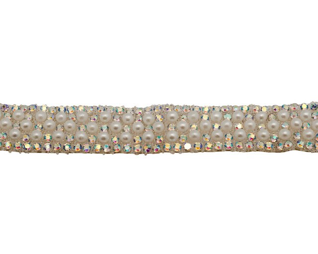 1/2" x 5 Yards Silver / AB Crystal Faux Pearl Iron-On Rhinestone Trim