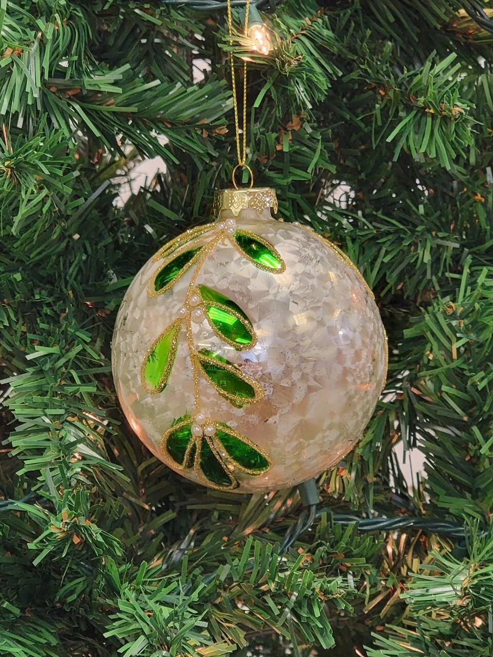White and Green Glitter Leaf Glass Christmas Ornament