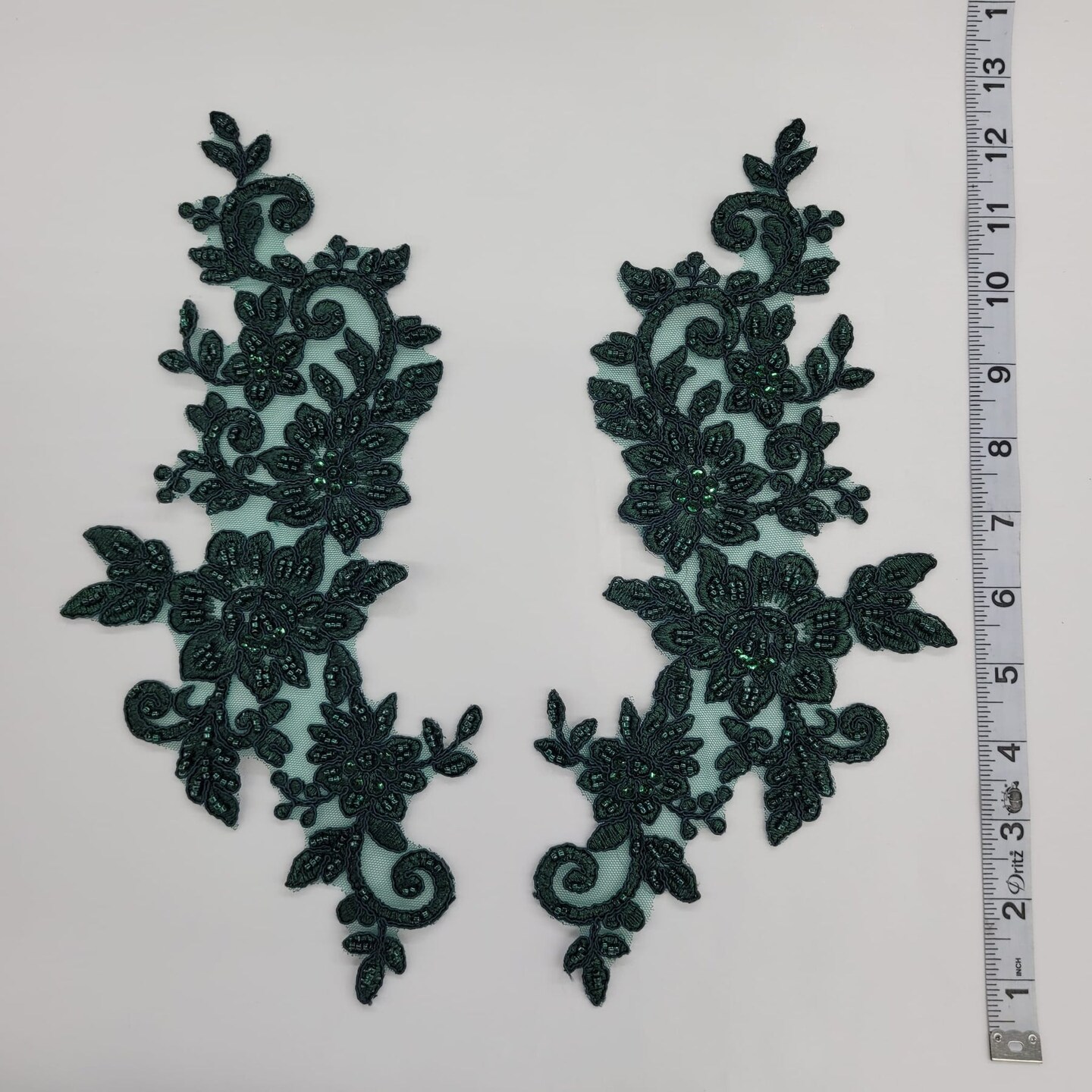 1 Pair Beaded & Corded Floral Lace Applique 100% Polyester Net Mesh 12.5" x 5" Each Side