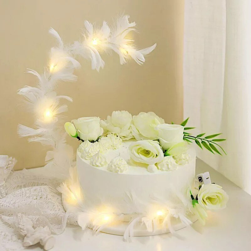 Warm White Real Feathers Adjustable CAKE TOPPER LED Lights Party Supplies