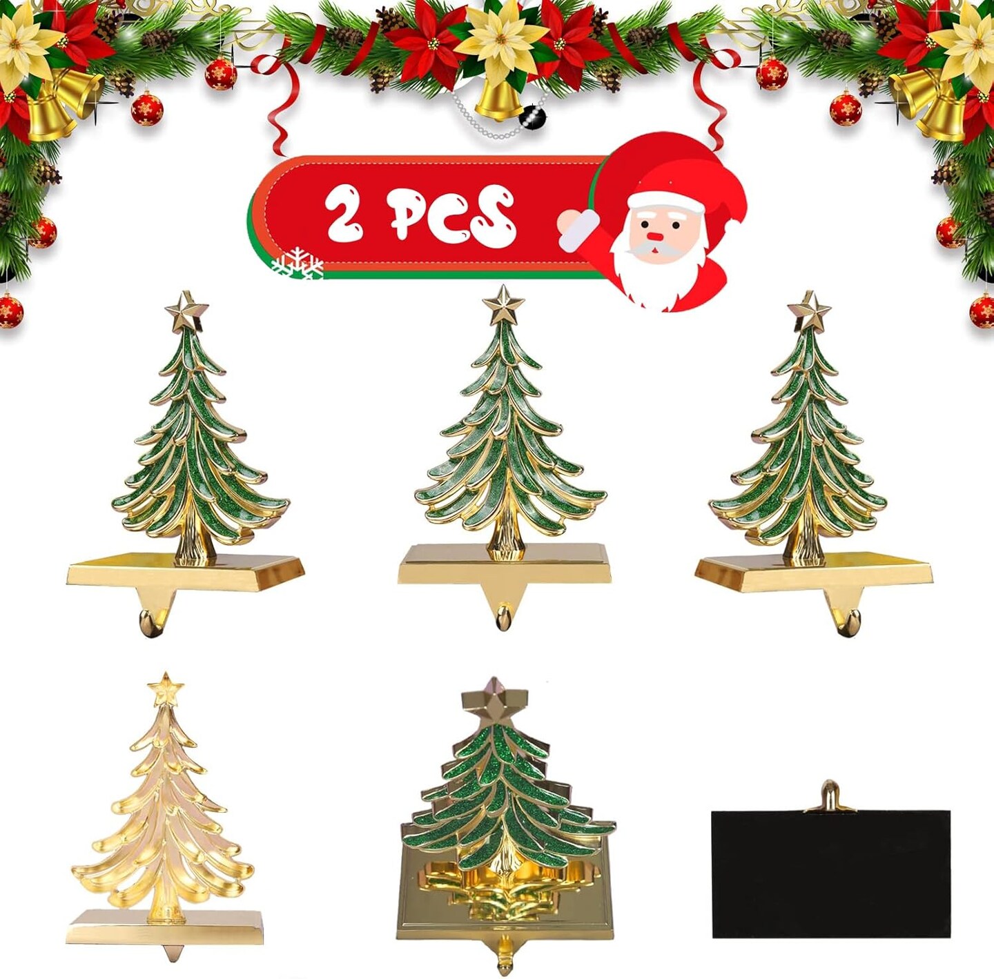 2PC Christmas Stocking Holders for Mantle Glitter Green Xmas Tree Gold Stocking Holder for Fireplace Home Decor Holiday Gifts Christmas Decorations Supplies Non-Skid Durable and Sturdy
