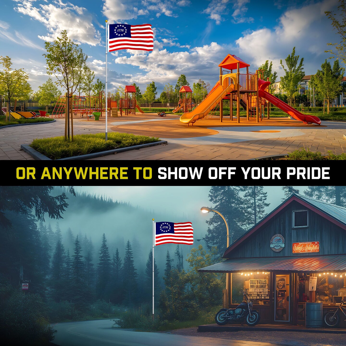 G128 Combo Pack: 16 Ft Telescoping Aluminum Flagpole (Silver) &#x26; Betsy Ross 1776 Flag 3x5 Ft, ToughWeave Series Embroidered 300D Polyester | Pole with Flag Included