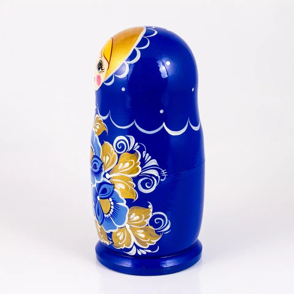 Russian Doll, with Blue Flowers, Handmade 6.5-inch Tall Matryoshkas 5 PCS