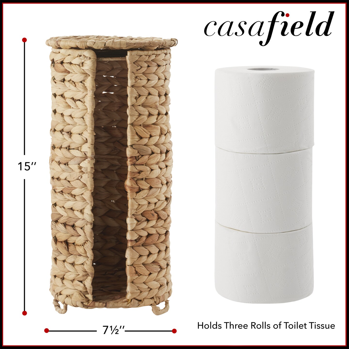 Casafield Free Standing Toilet Paper Storage Roll Holder with Lid, Fits 3 Rolls, Water Hyacinth Bath Tissue Organizer for Bathroom
