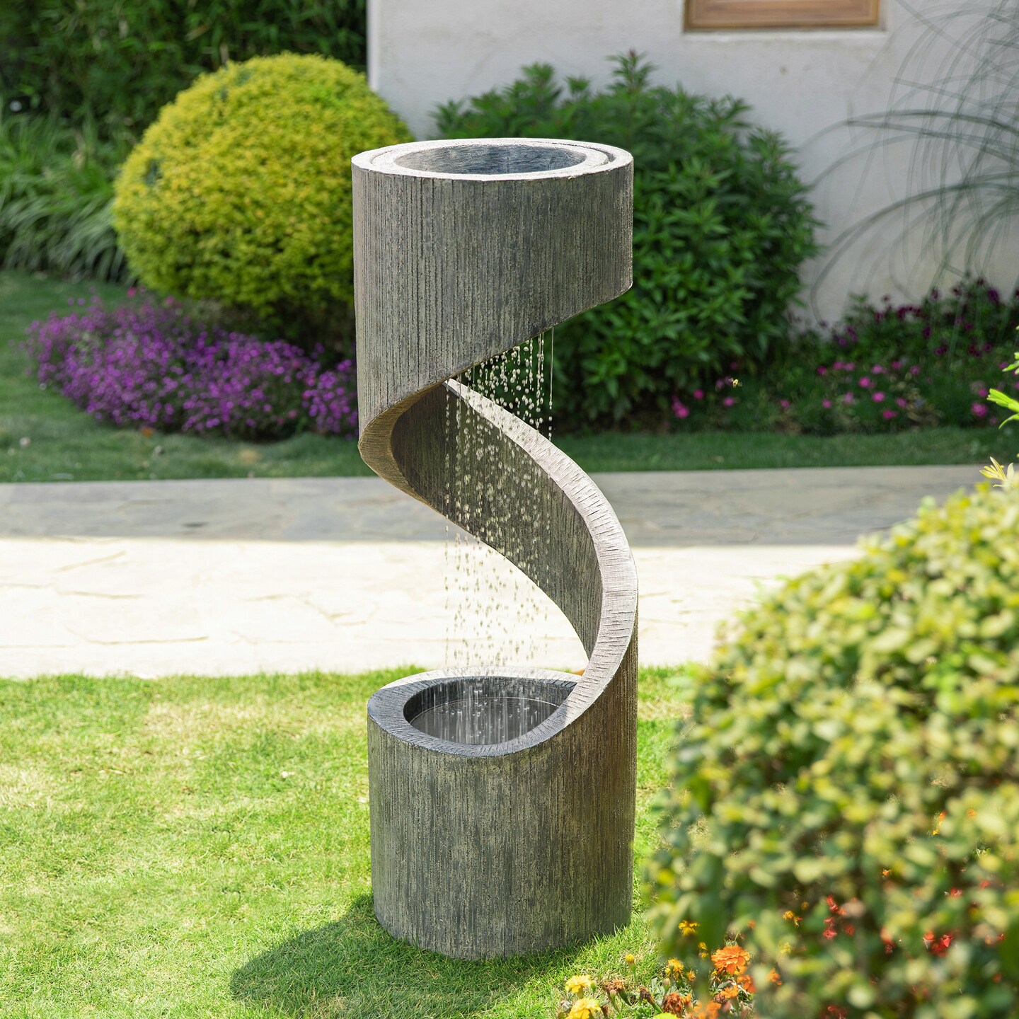 40&#x22;H Oversized Spiral Shaped Outdoor Fountain with LED Light, Polyresin, Includes Pump, Multiple Colors