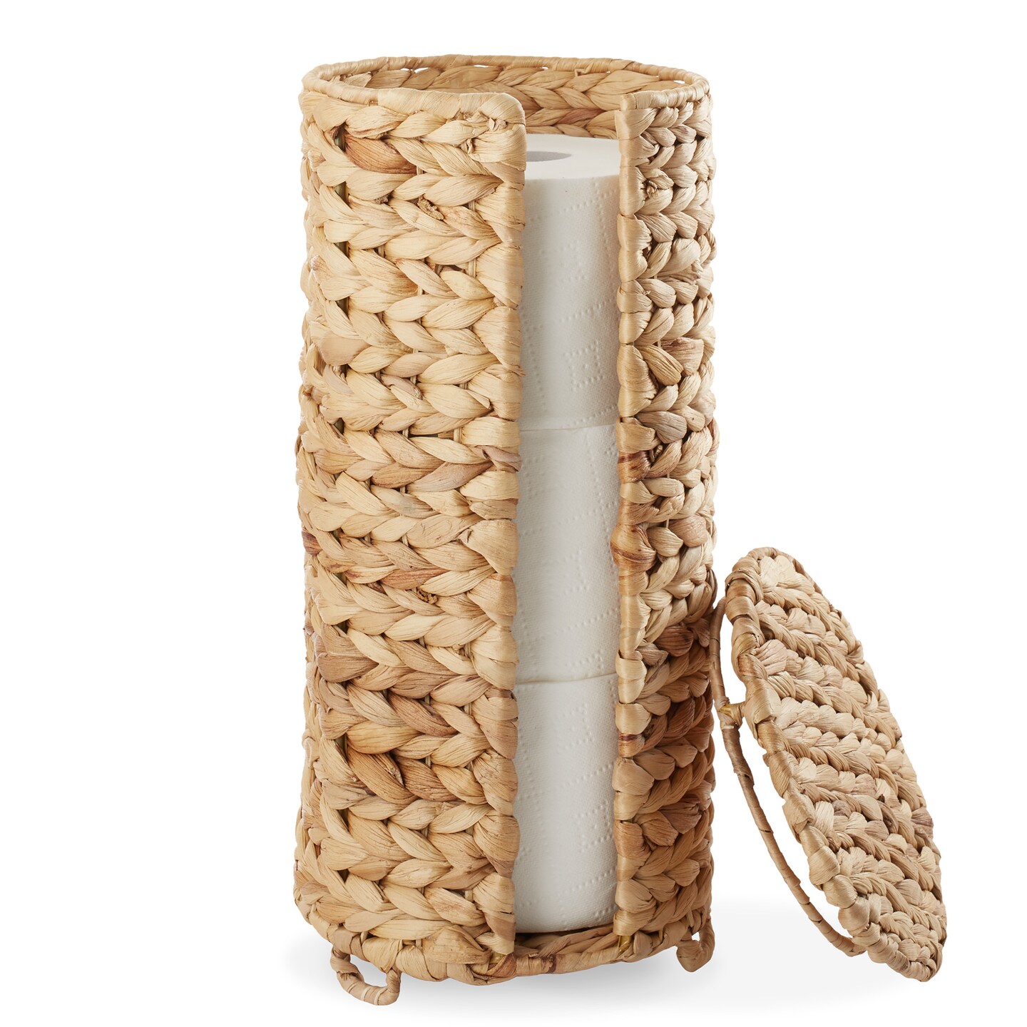 Casafield Free Standing Toilet Paper Storage Roll Holder with Lid, Fits 3 Rolls, Water Hyacinth Bath Tissue Organizer for Bathroom