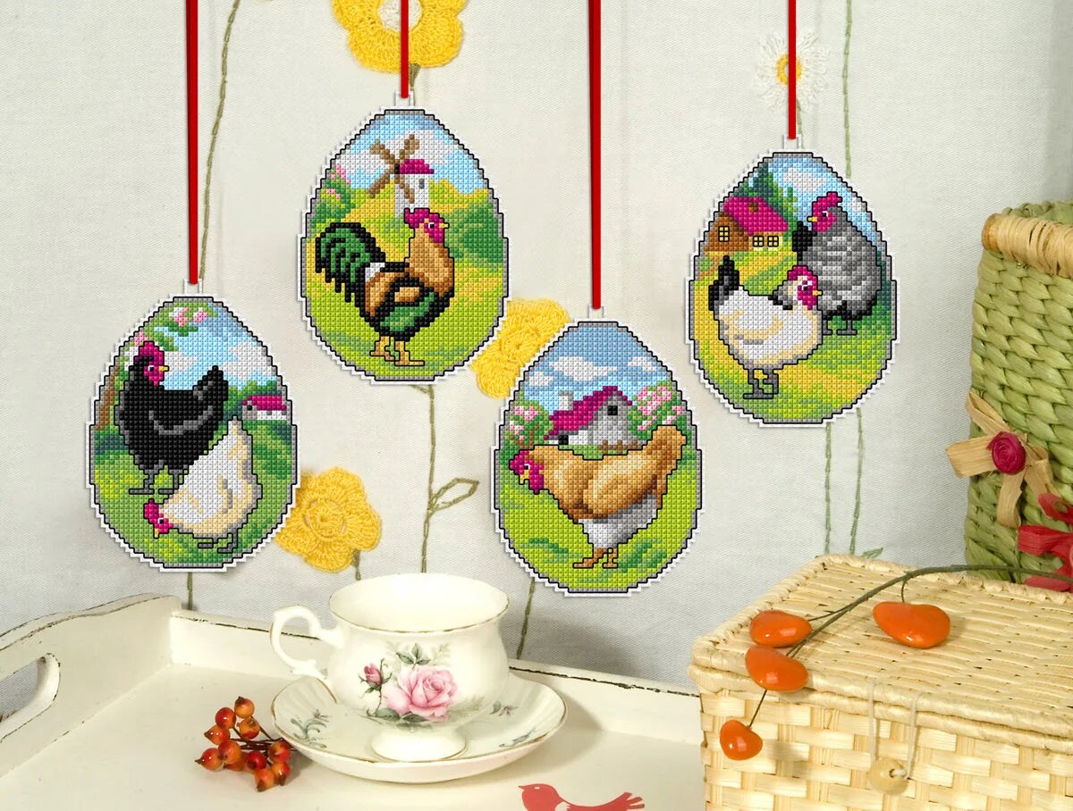 Counted cross stitch kit with plastic canvas &#x22;Easter ornaments&#x22; set of 4 designs 7697