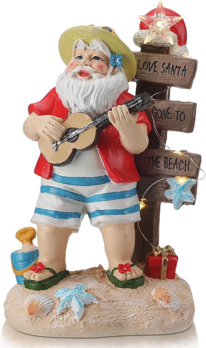 Lighted Christmas Beach Santa Decorations LED Dreams Santa Claus by The Sea Seaside Christmas Tabletop Figurines Collectibles Resin Table Statues Centerpiece Xmas Gift Party Home Decor (Santa)
