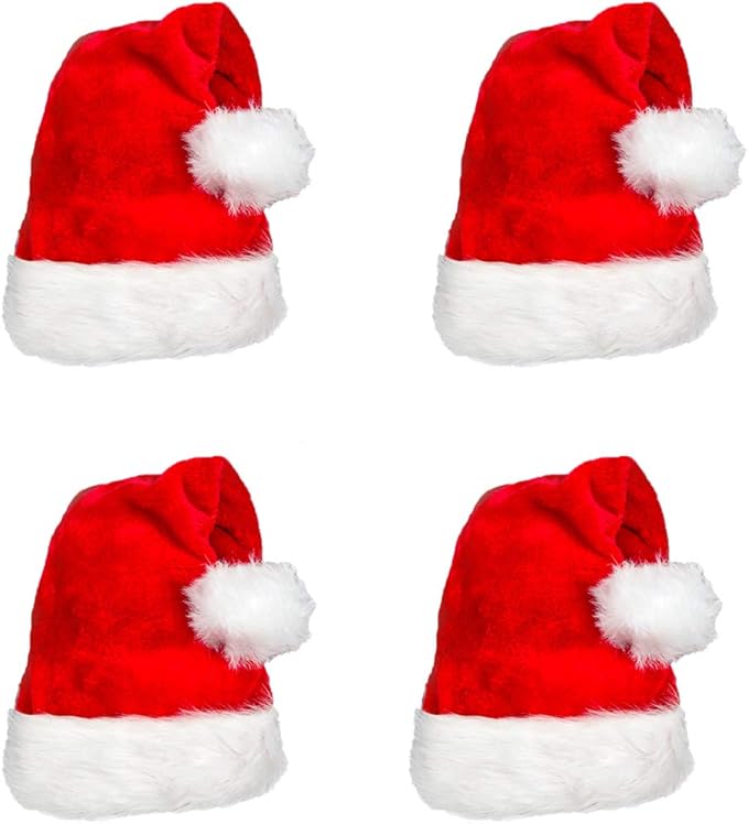 4 Pack Plush Santa Hat Confortable Velvet Red Christmas Hat for Christmas Party Favors Fit for Adults and Kids