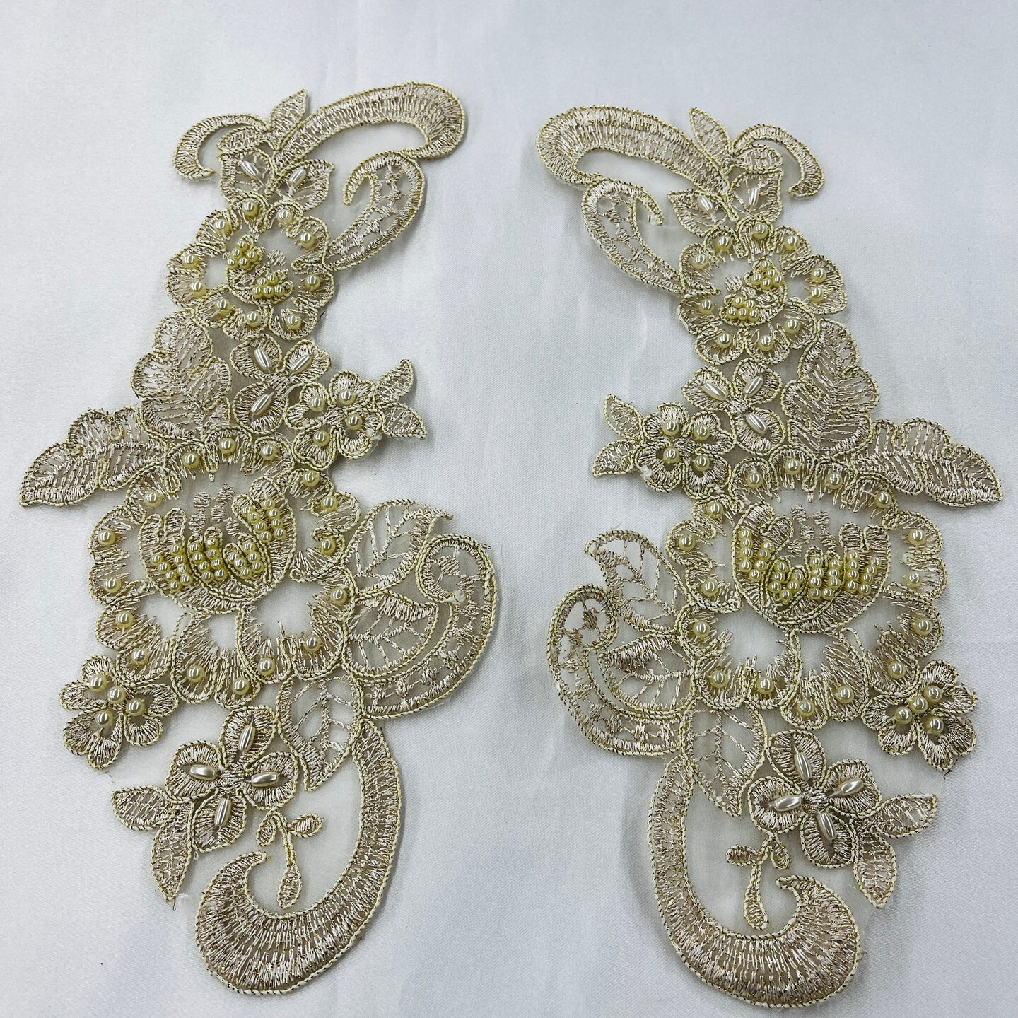 1 Pair 8.5" x 3.5" Each Side Beaded & Corded Floral Lace Applique 100% Polyester Organza