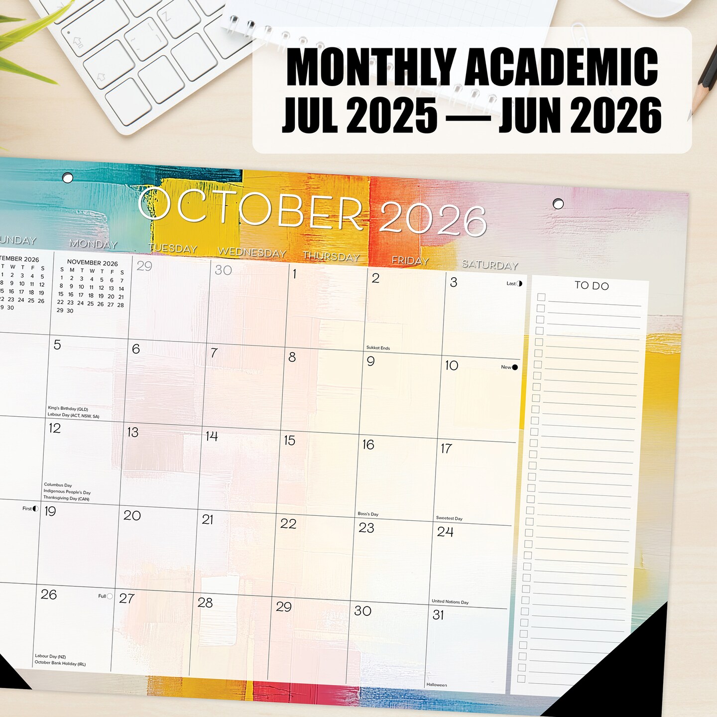 Abstract Art Academic Year July 2026 - June 2027 17" x 12" Small Monthly Deskpad Calendar