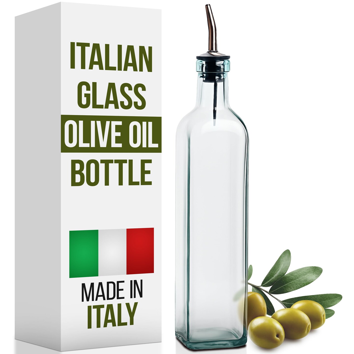 EHOMEA2Z Italian Glass Olive Oil Dispenser Bottle - 16 Oz, Oil and Vinegar Cruet with Stainless Steel Spout for Kitchen, Slight Green Tint (1, 473ml)