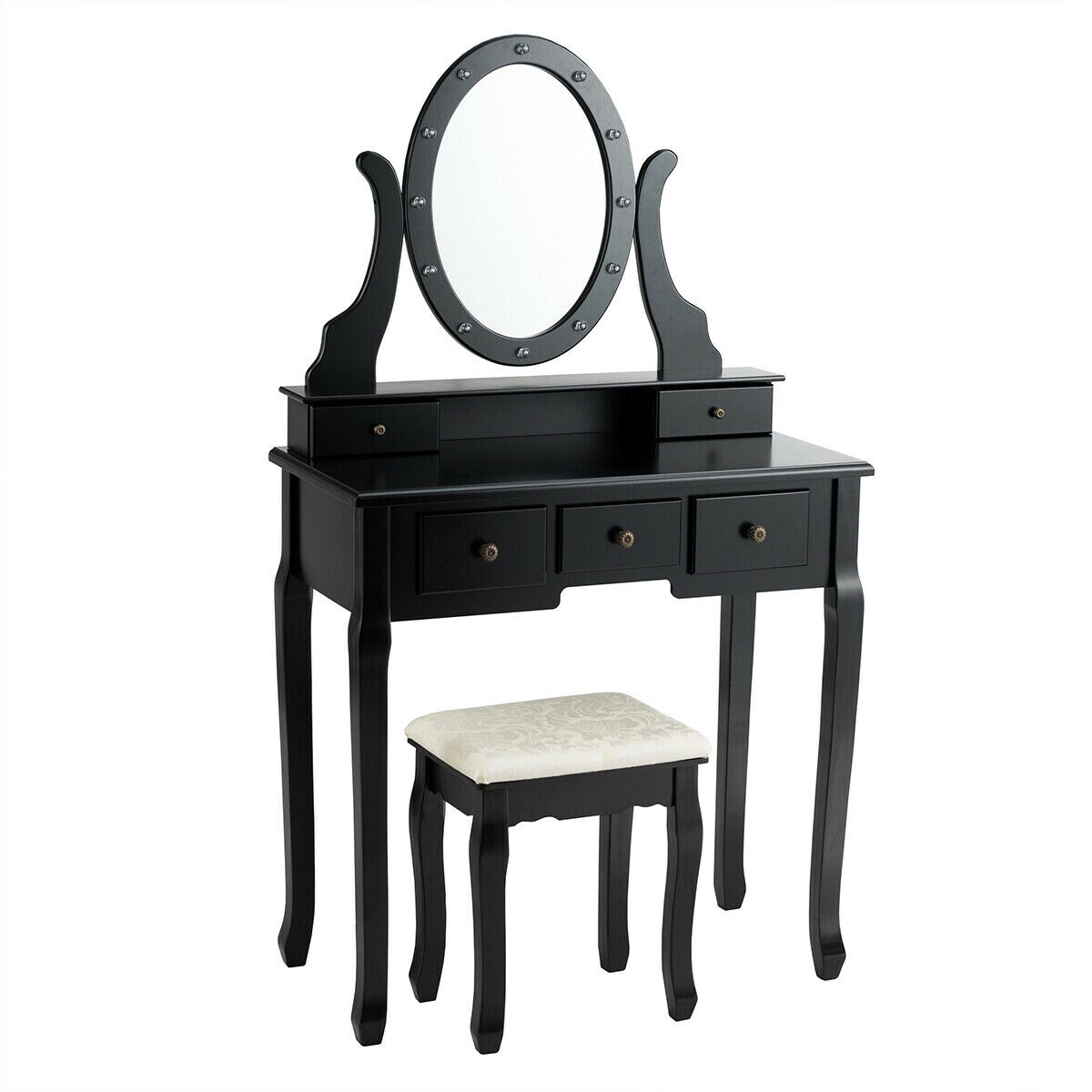 Black Pine Wood Vanity Table Set with LED Lights Mirror and 5 Drawers