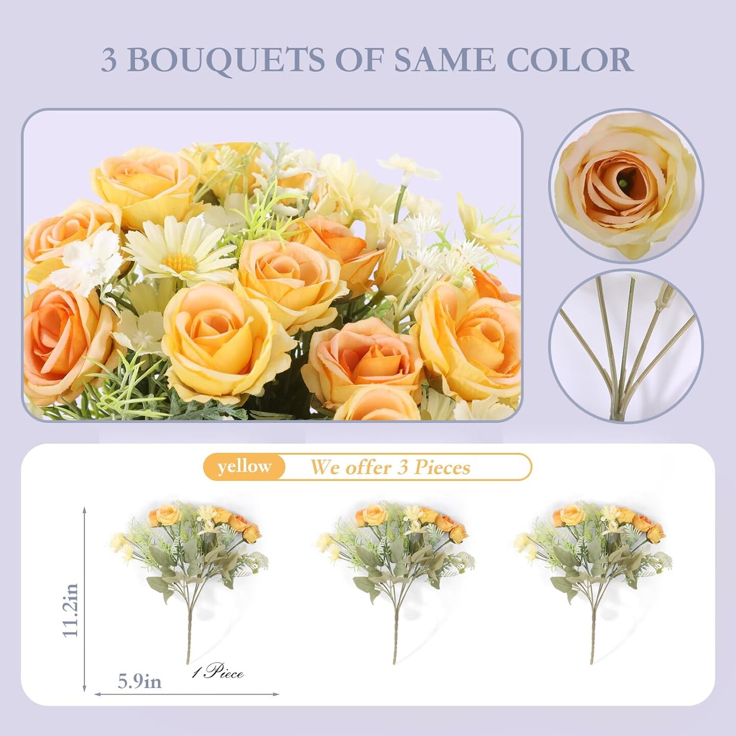 Artificial Silk Fake Flowers Bouquet Fake Roses Flowers Faux Flower Arrangement Wedding Bride Bouquets for Home Centerpieces Decor(Yellow)
