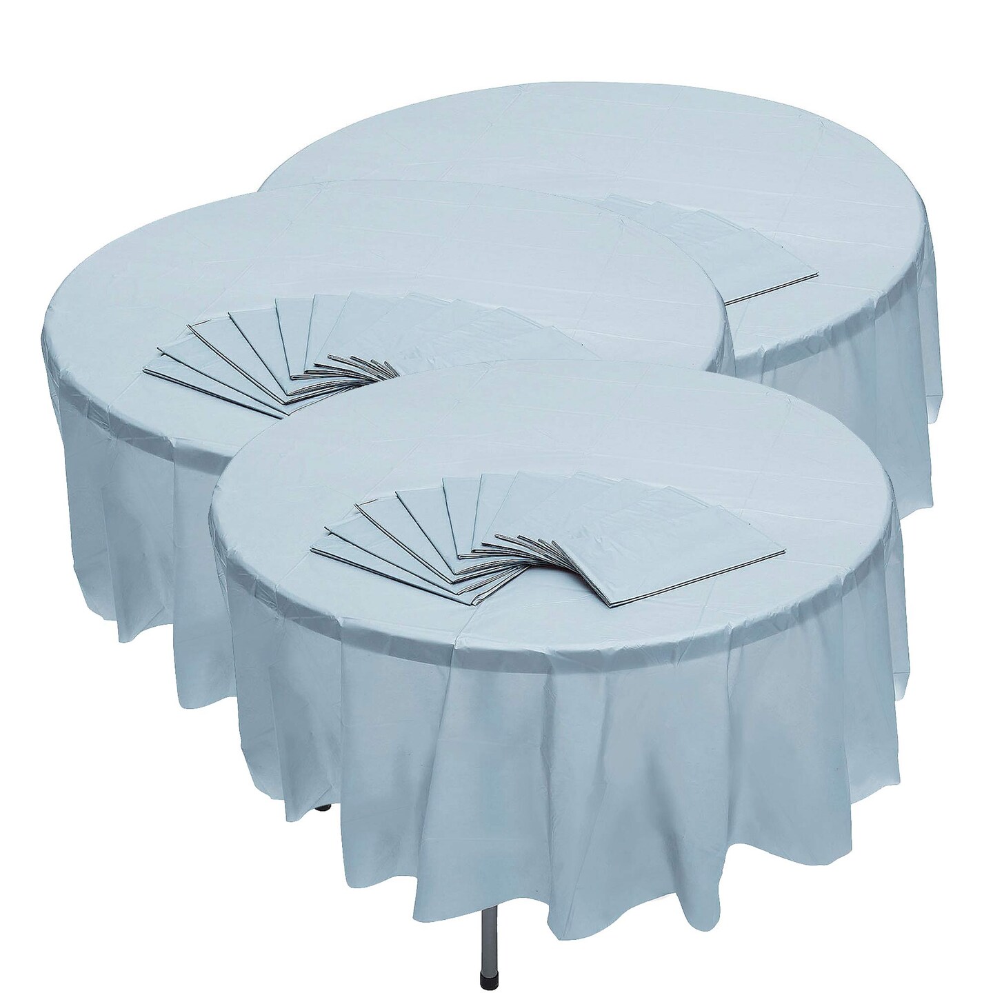6 Ft. 10&#x22; Bulk 12 Pc. Light Blue Round Disposable Plastic Tablecloths