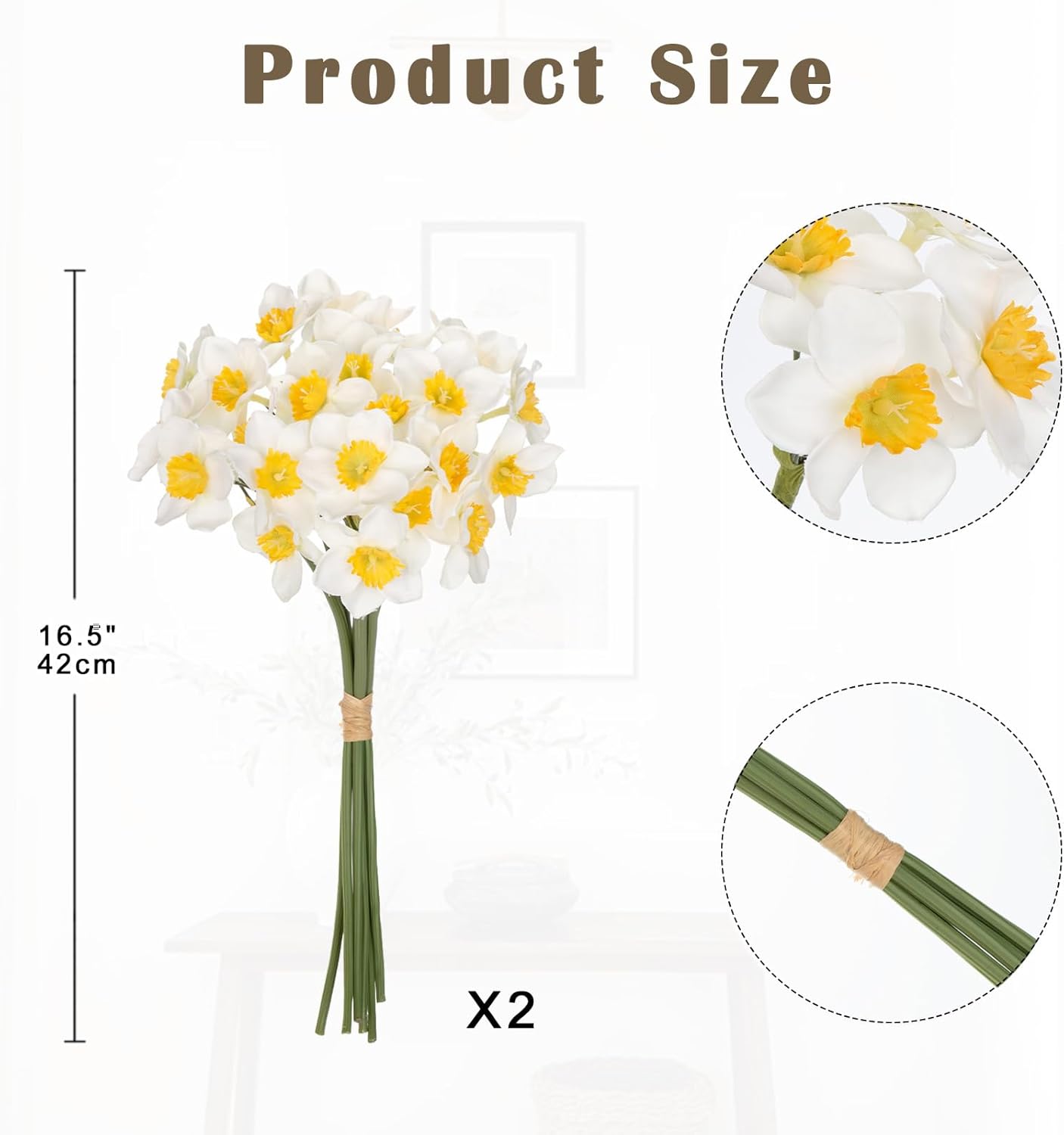 12 Stems Daffodils Artificial Flowers 2 Bunches Real Touch Fake Narcissus Flower 9in Silk Spring Fake Flowers Wedding Floral Decor Bouquet for Home Party Wedding Office Anniversary Decor,White