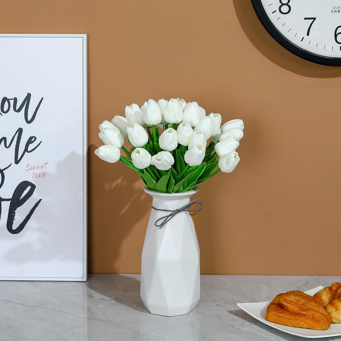24 Pcs Artificial Silk White Tulips Faux Flowers with Stems for Home Wedding Hotel Office Centerpiece Decor Easter Decorations
