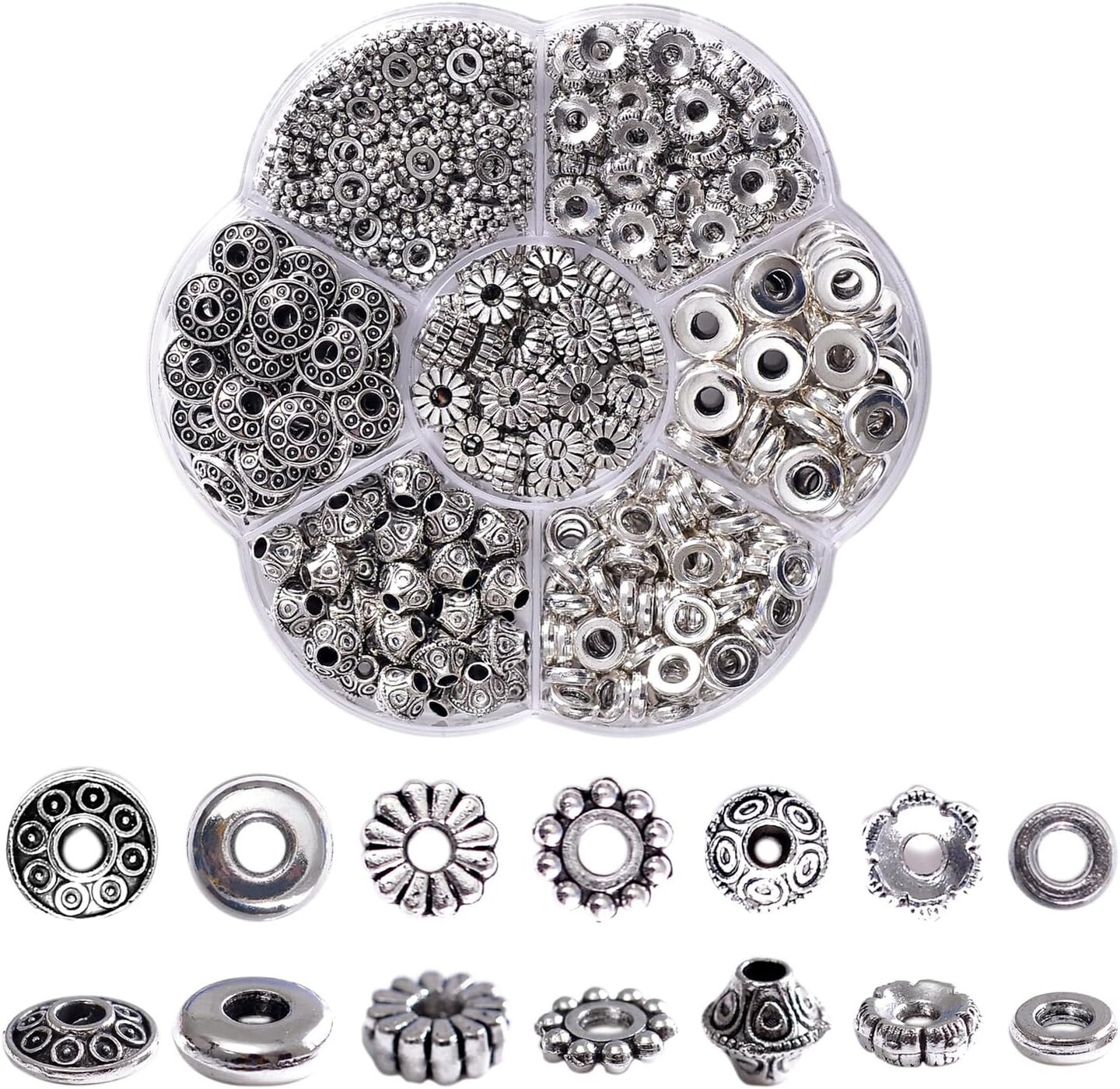 400Pcs Antique Silver Spacer Beads for Jewelry Making, Small Metal Flat Flower Beads, Bracelet, Necklace, Earring Findings & Supplies (400)