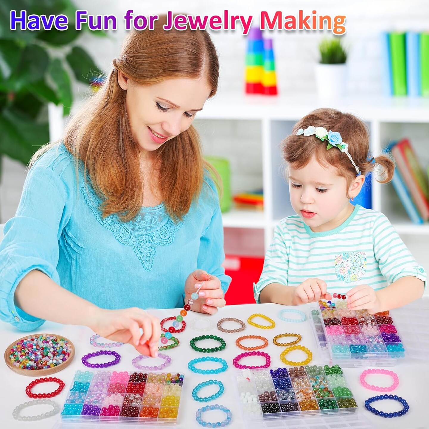 2400 PCS 8mm Glass Beads Bracelet Making Kit, 47 Colors Crystal Beads for Jewelry Making and DIY Crafts,4 Box Round Beads Suitable for Beginners