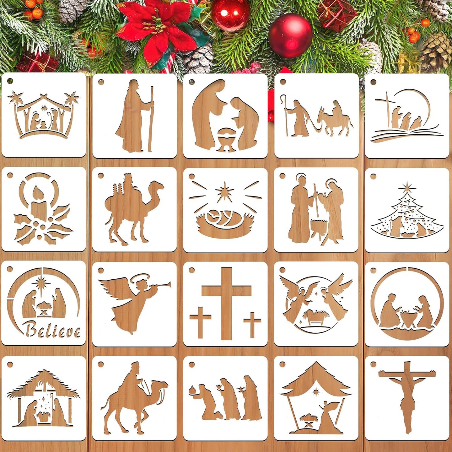 Christmas Stencils - 20 Pcs Reusable Nativity of Jesus &#x26; Religious Scene 3&#x22;L x 3&#x22;W
