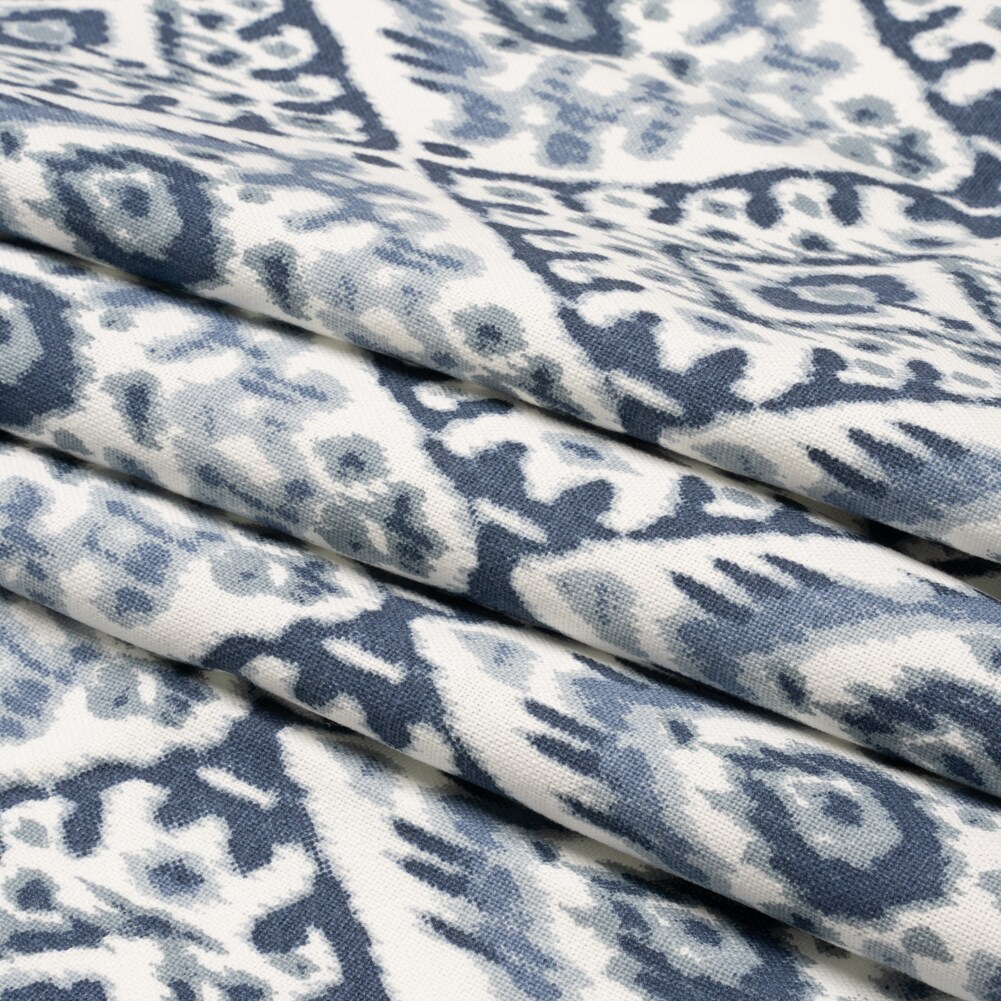 1 Yard Muted Blue, Navy and White Decorative Ikat Diamonds Cotton Canvas