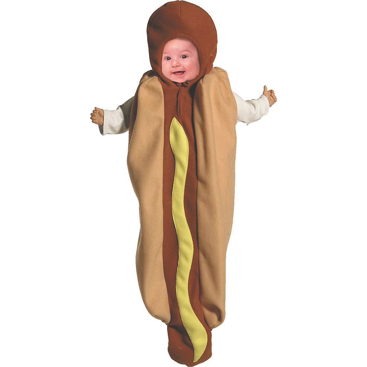 Infant Hot Dog Costume with Bunting and Mustard Accent for Halloween