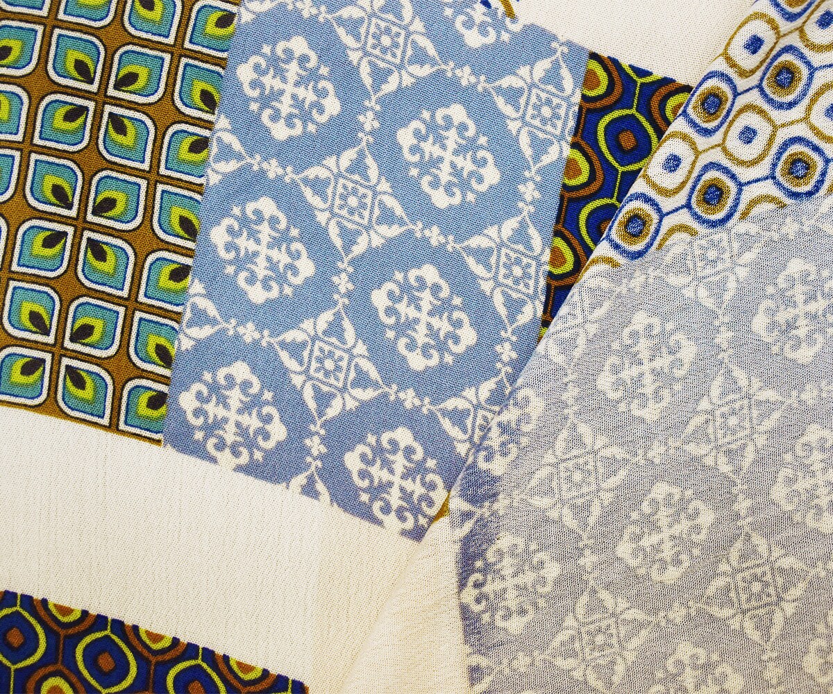 Blue-Green-Multi Cotton Patch Moroccan Pattern Printed Gauze Woven Fabric By the Yard