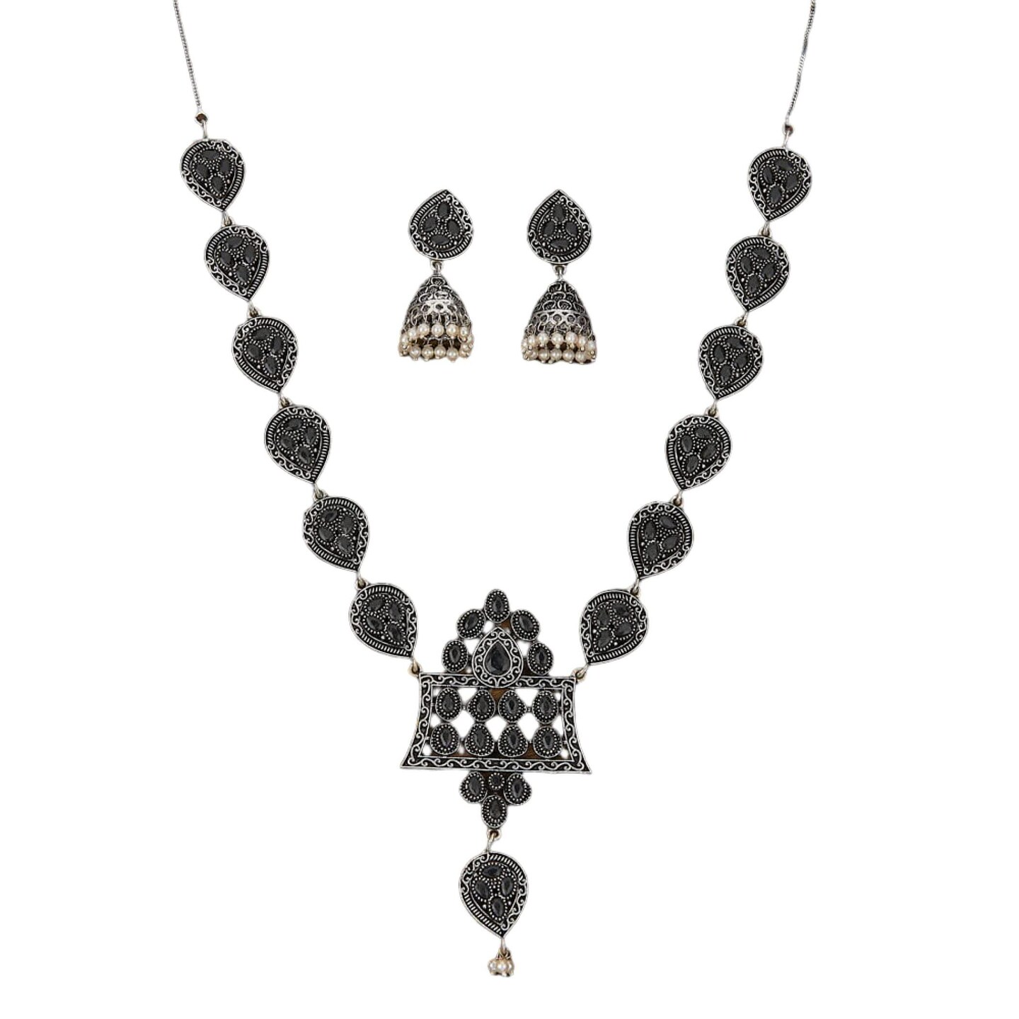 Indian Oxidized Jewelry Boho Tribal Jewelry Indian Long Necklace Bohemian Jewelry Afghani Tribal Tassel Long Ghungroo Necklace Earrings Set Choker Necklace Fashion Jewelry