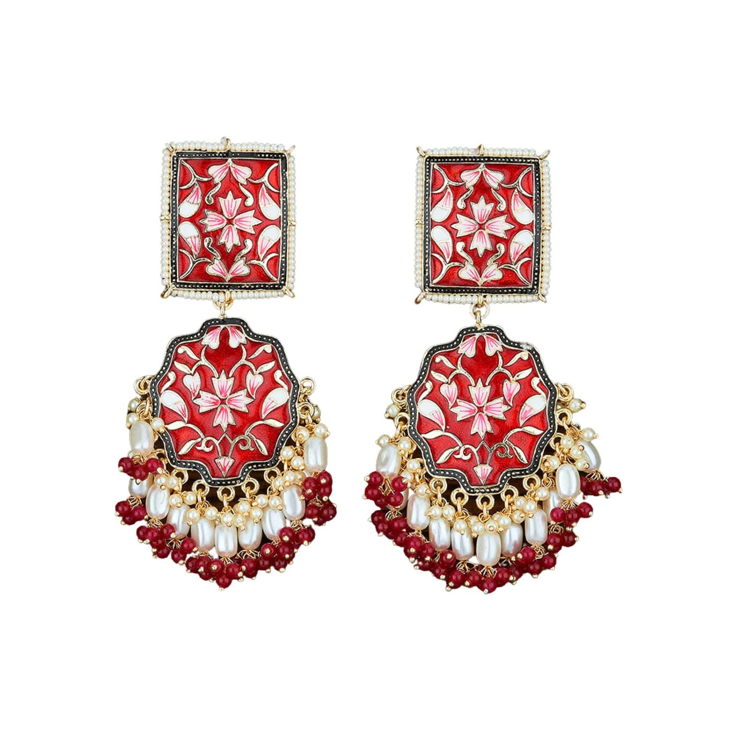 Oversized Indian Jhumka Earrings – Square Stud Jhumki, Ethnic Chandbali with Floral Print & Faux Pearls – Bollywood Dangle Jewelry for Women, Bride & Birthday Gift