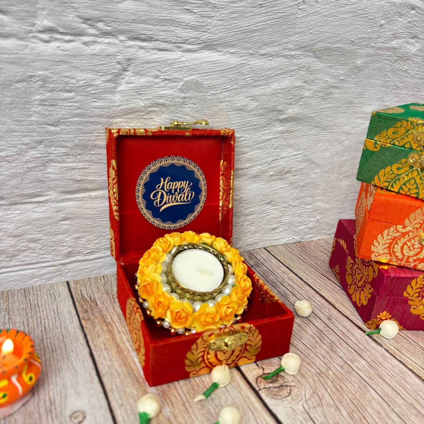 Diwali Gift Hamper Indian Festival Premium Deepawali Return Gift Box with Candle Holder Lakshmi Feet Navratri Thanksgiving Hampers for Employees Friends Relatives - Corporate Gifts