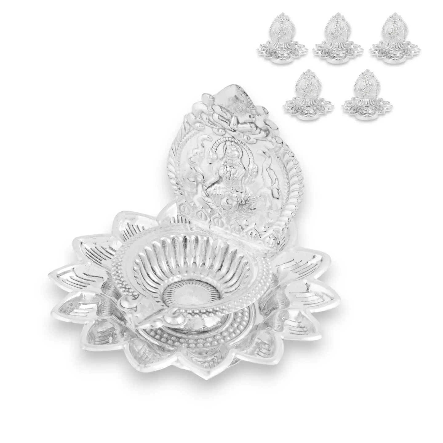 Lakshmi Silver Plated Diya Kamakshi Deepam Kamatchi Vilakku Samai Laksahmi Oil Lamp Diwali Decoration Hindu Puja Religious Home Decor Pooja Lamp Housewarming Wedding Return Gift (3.5 Inch)